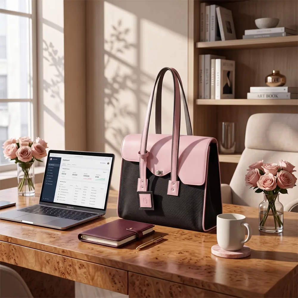 Work totes on an office desk next to a laptop